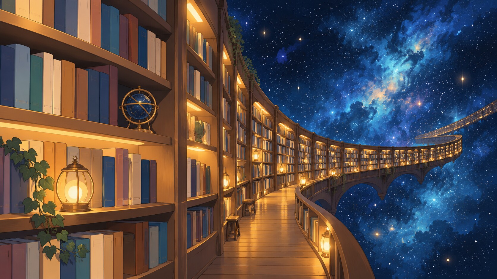 文字のない本棚が星空へ続く