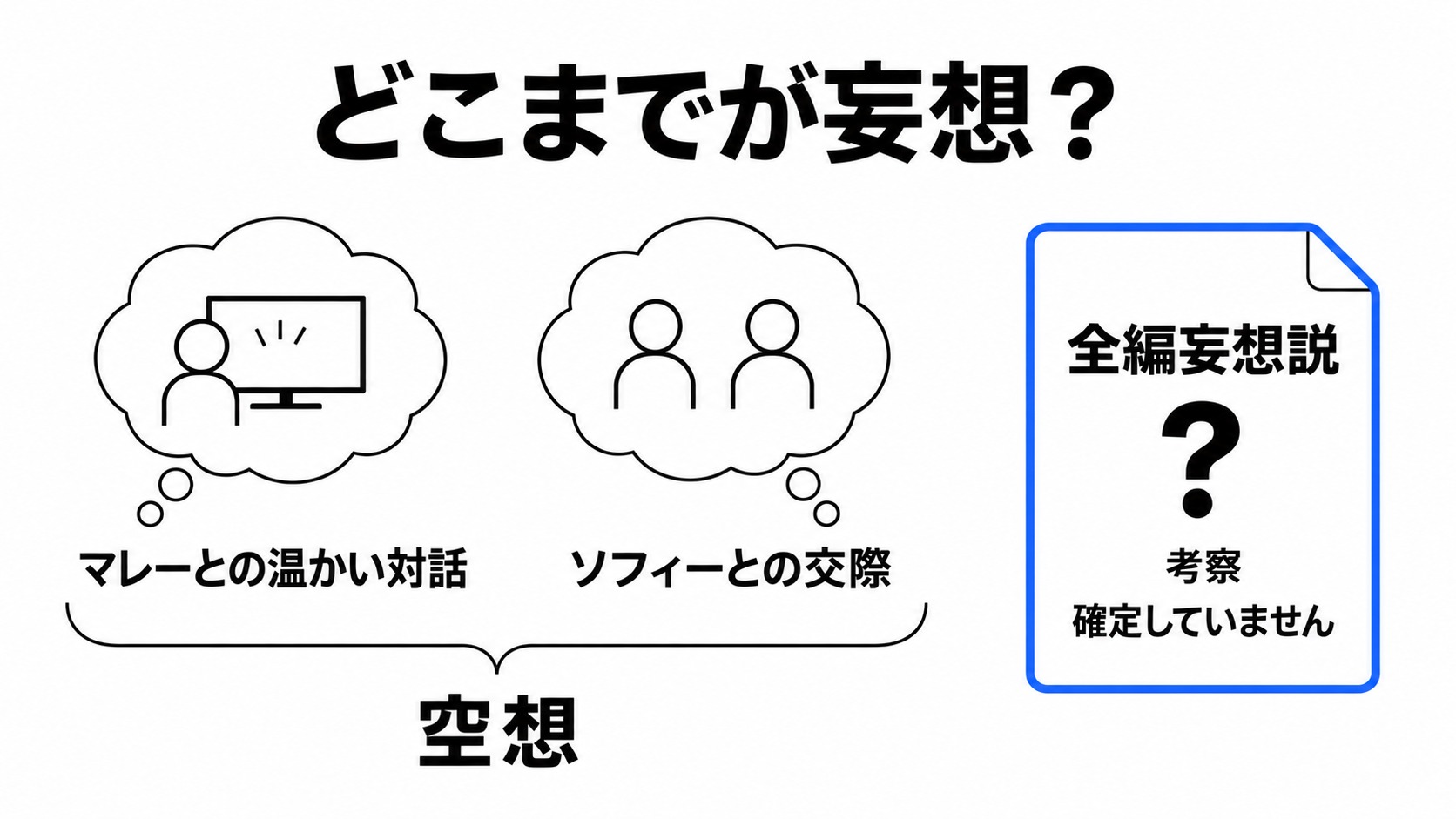 明かされた空想と未確定の全編妄想説