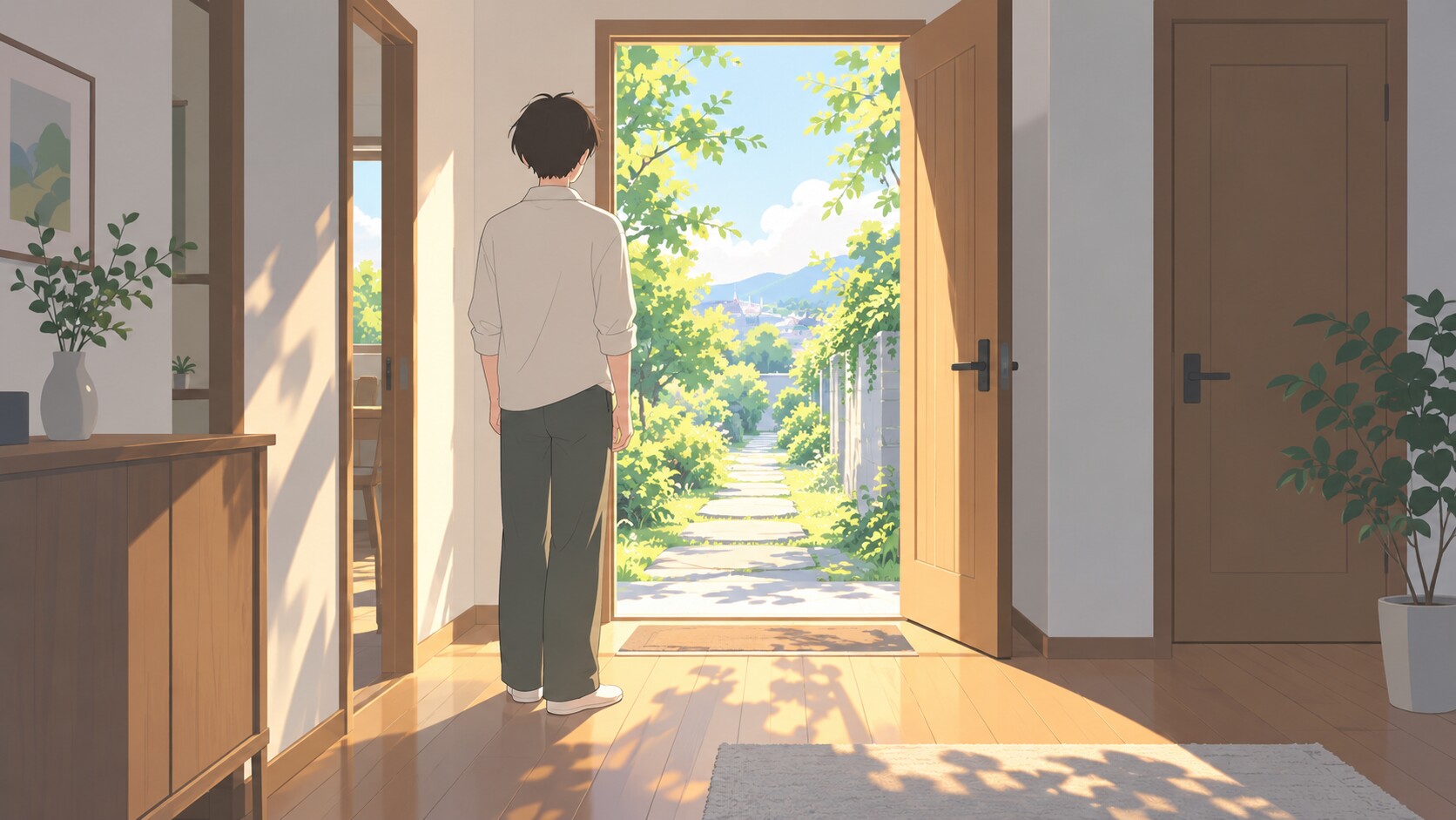 開いた扉の前で立ち止まる人