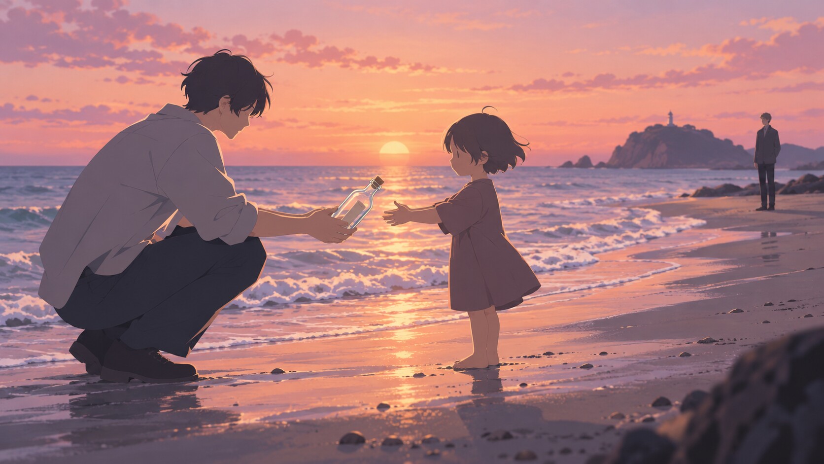 告白文入りの瓶を子どもへ渡す浜辺のシーン