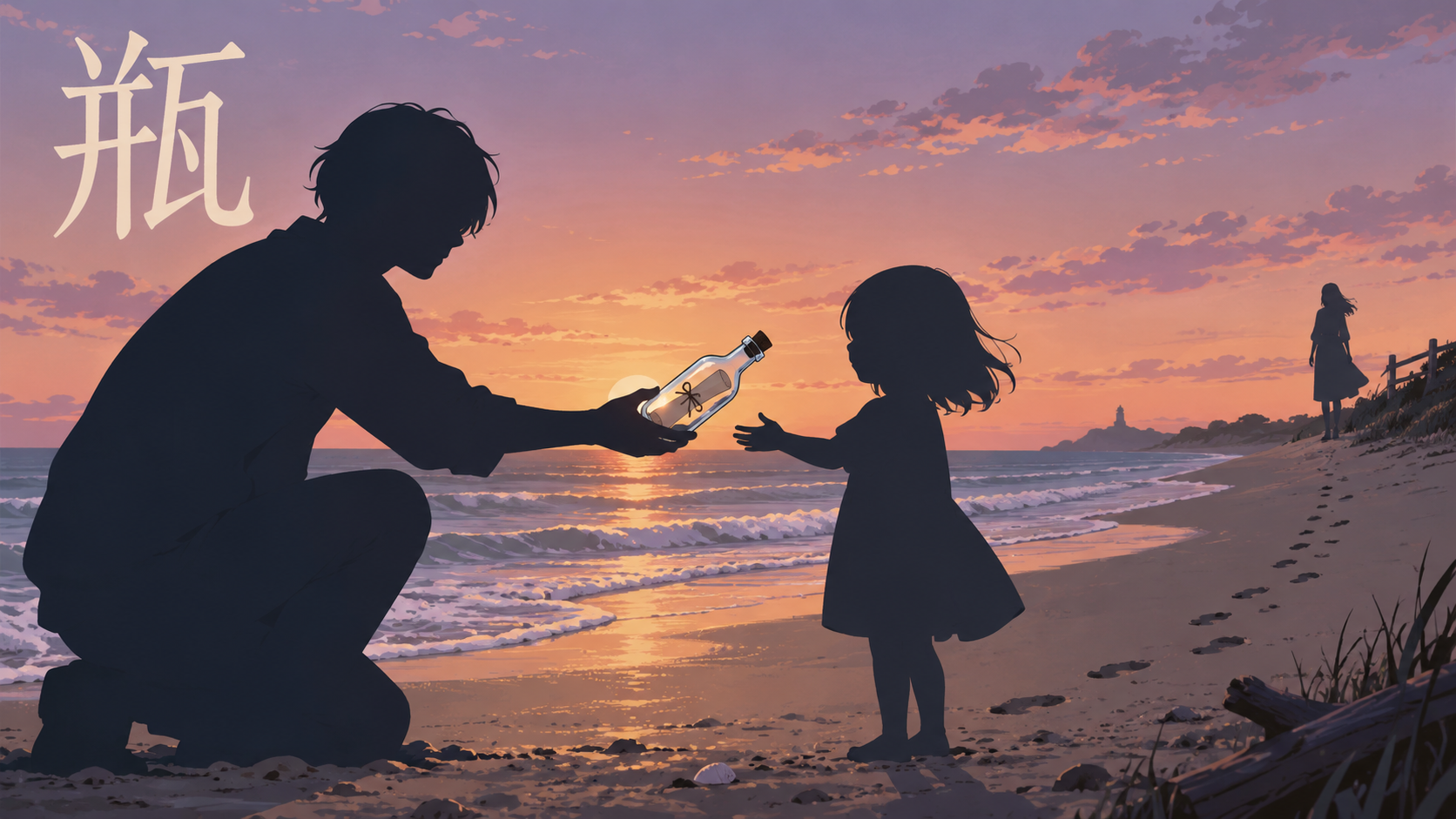 告白文入りの瓶を子どもへ渡す浜辺のシーン