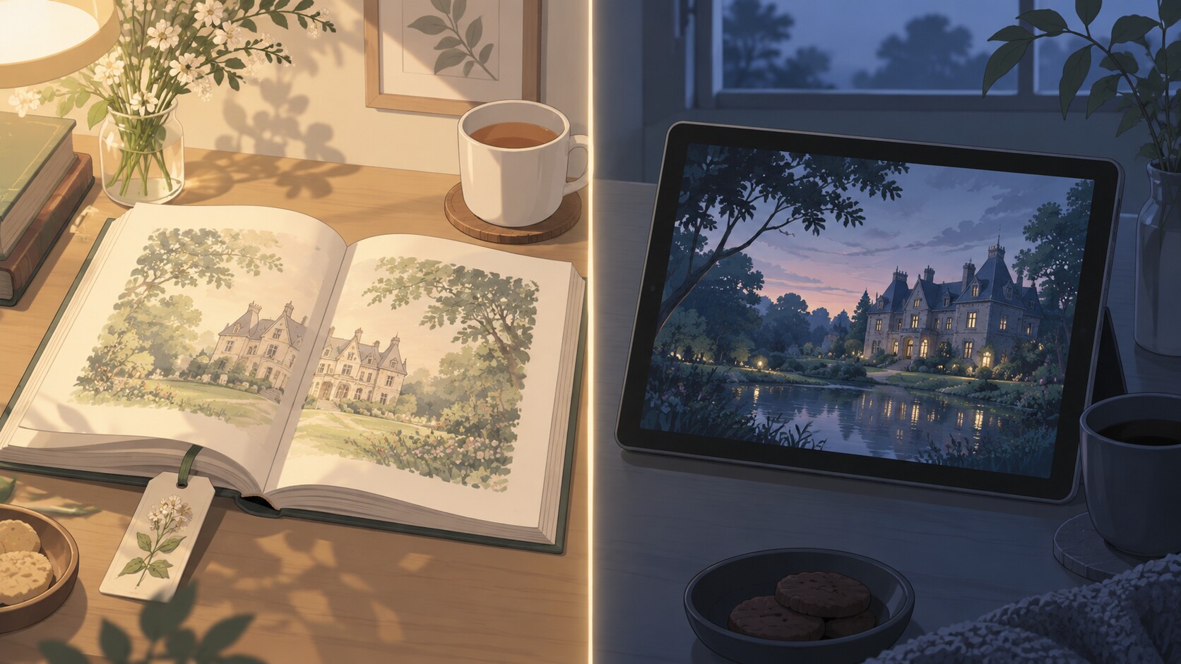 原作小説と配信画面を線で分ける比較イメージイラスト