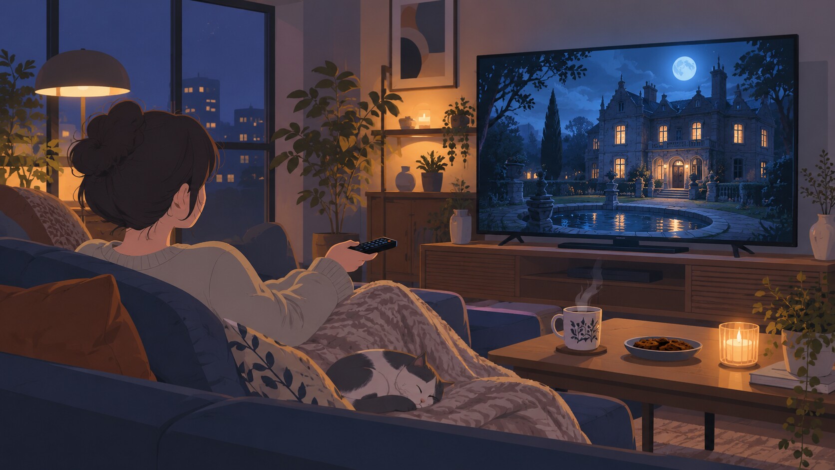 家で配信ドラマを見る生活シーンのイラスト