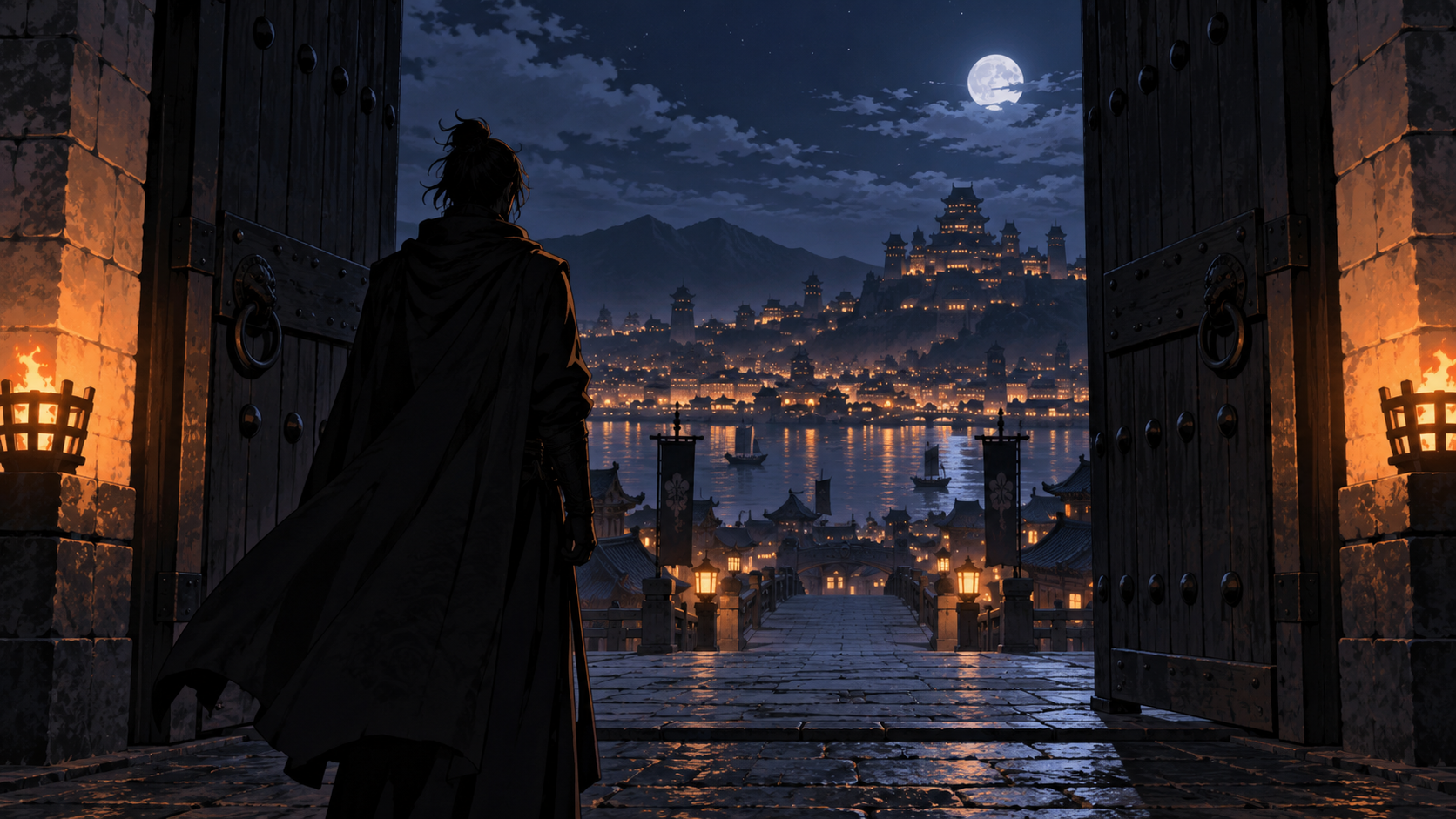夜の城門の前で立ち止まる人