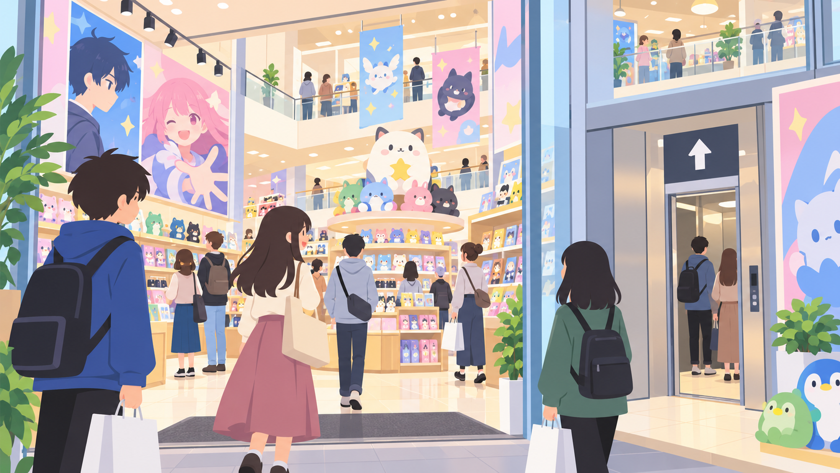 上の階へ向かう店内と買い物客