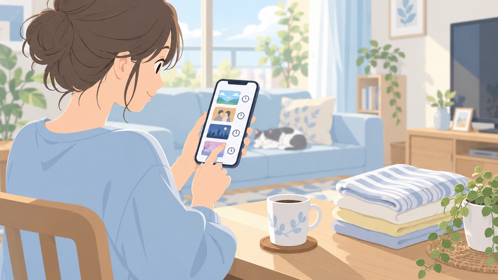 朝にスマホで見逃し配信を確認するイメージ