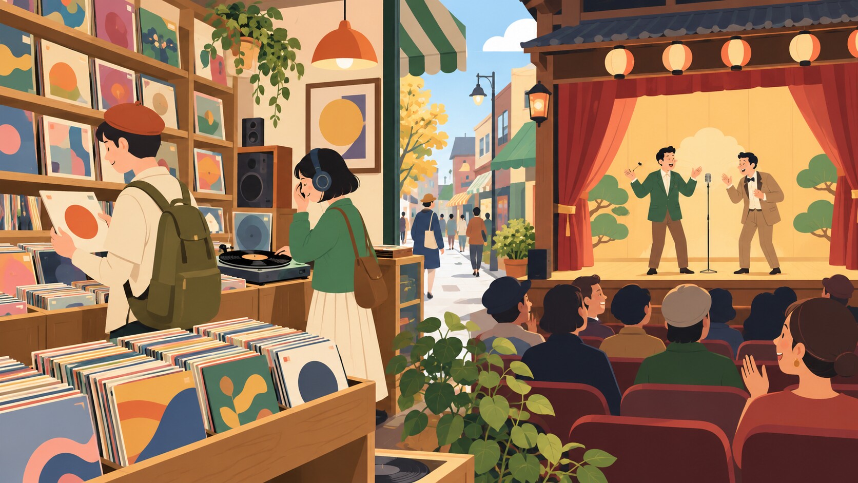 レコード店と演芸場の雰囲気イメージ