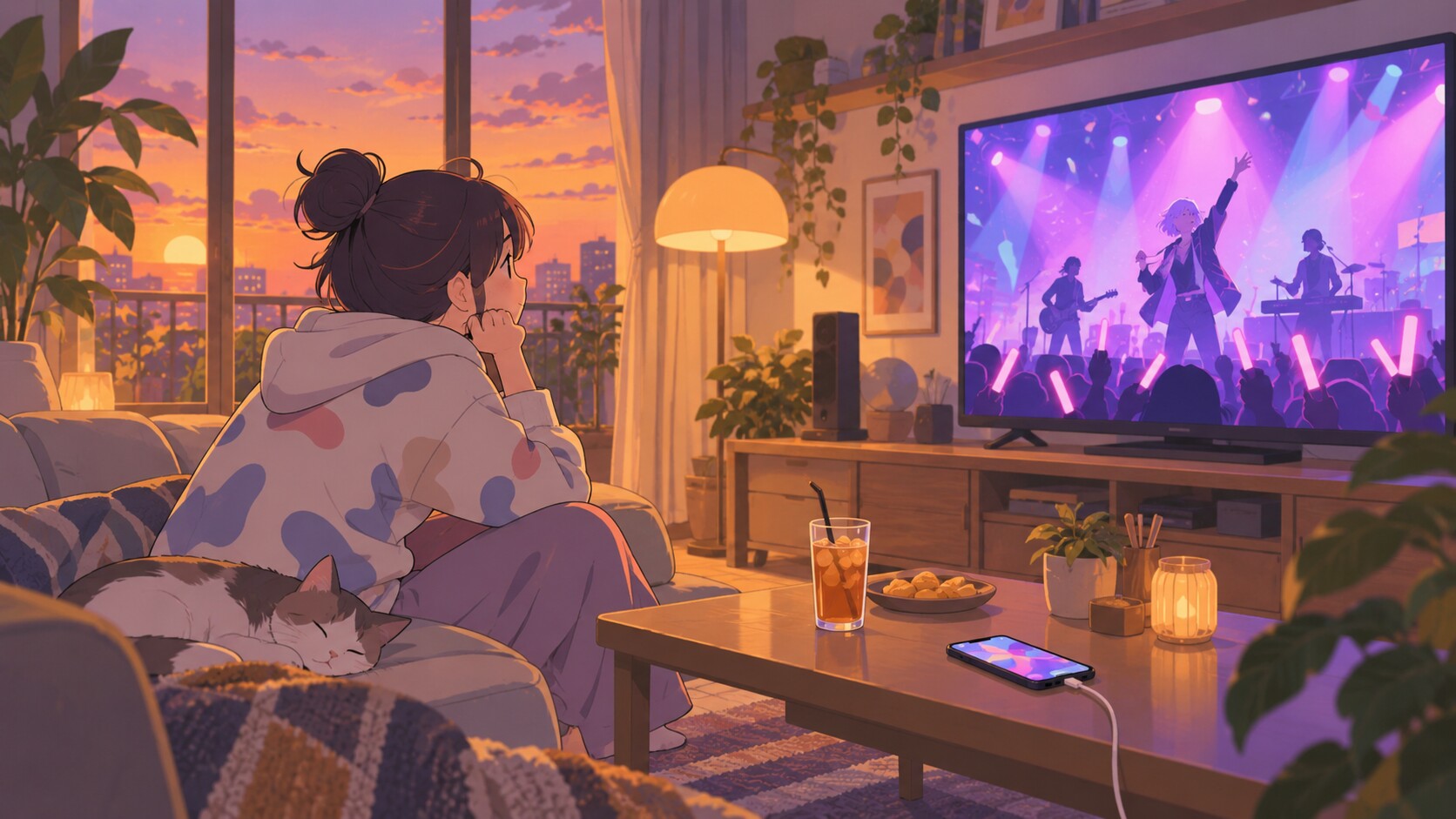 リビングでまどドラ系の生放送を待つ視聴シーンのイラスト