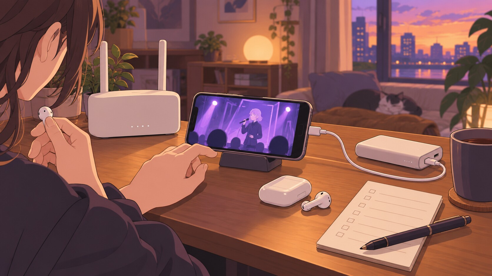 配信前にスマホと充電・回線を用意するチェックのイラスト