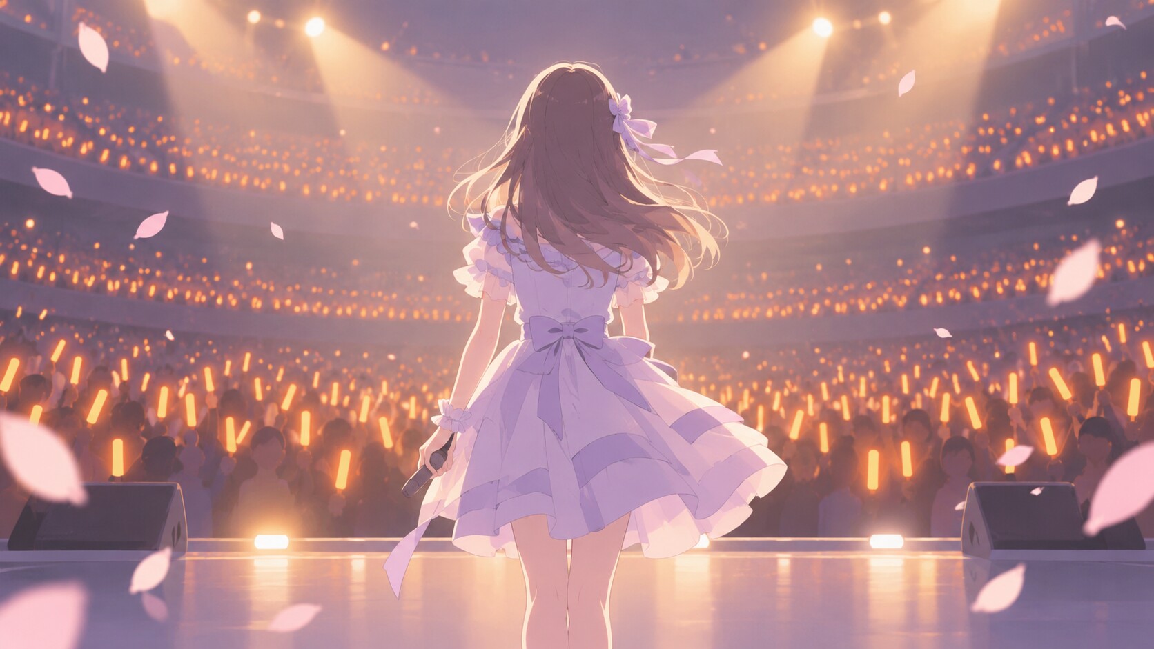 ステージに立つアイドルのシルエットとオレンジのペンライト