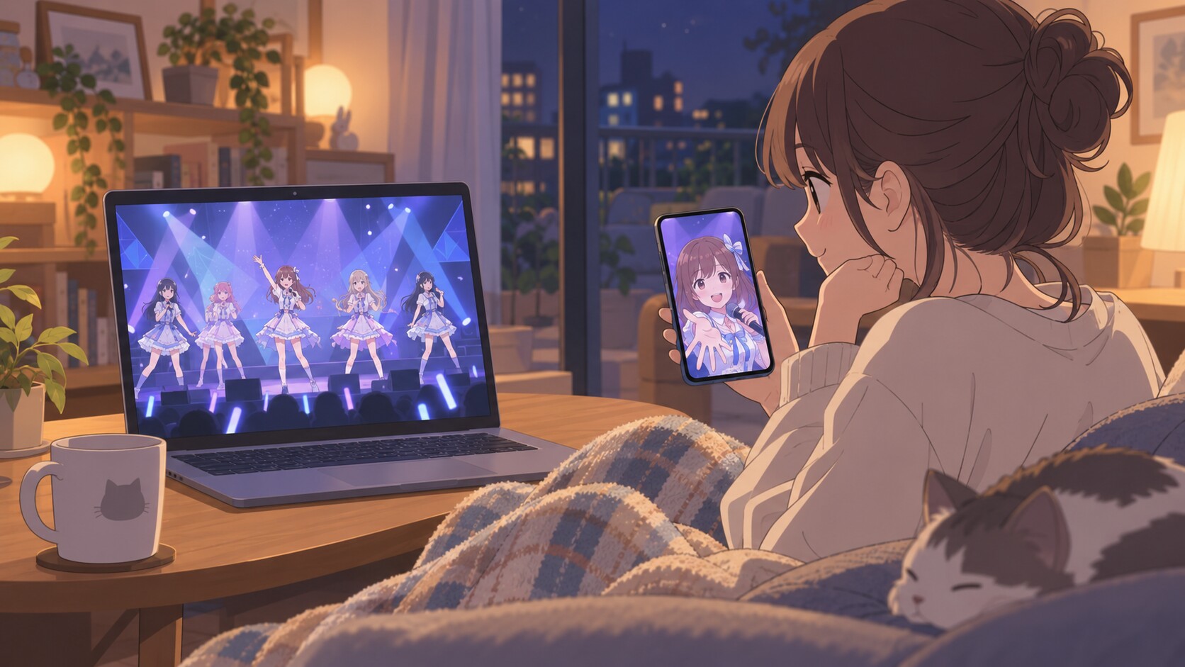 自宅で配信チケットを見比べるイラスト