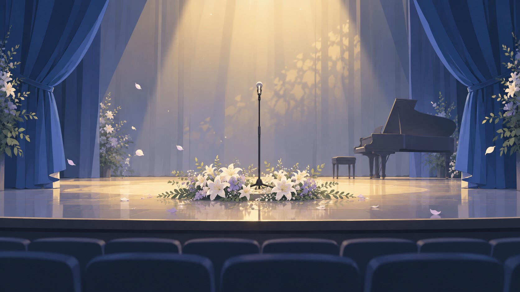 開演前のステージと花束をイメージしたイラスト