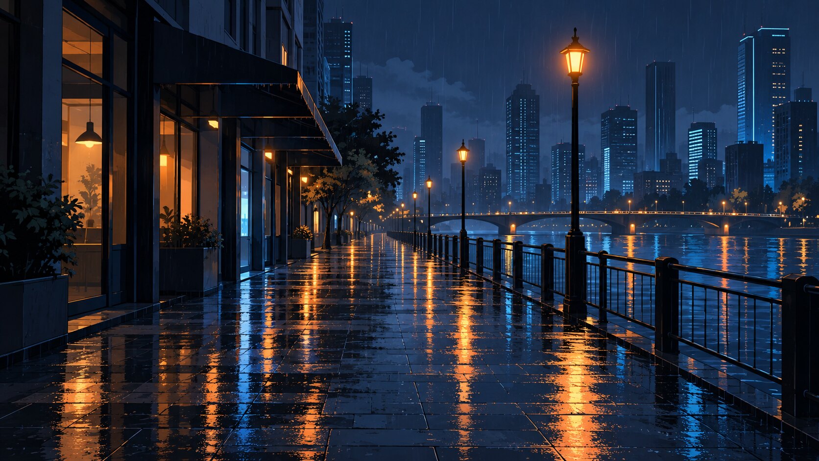 雨に濡れた無人の夜の街路