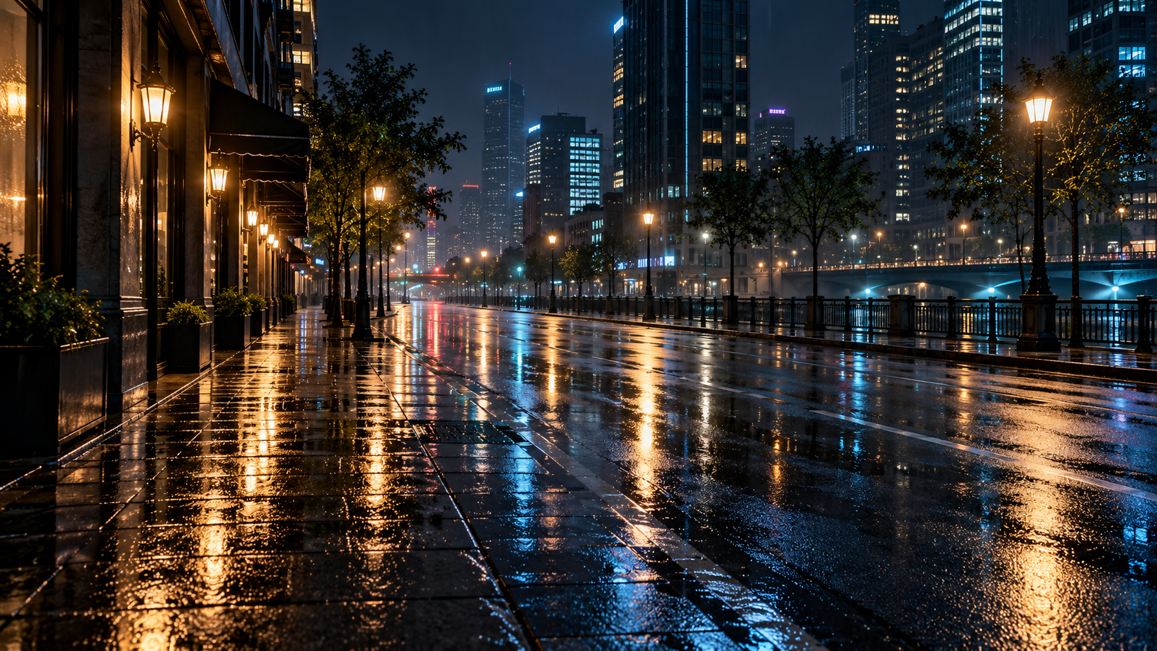雨に濡れた無人の夜の街路