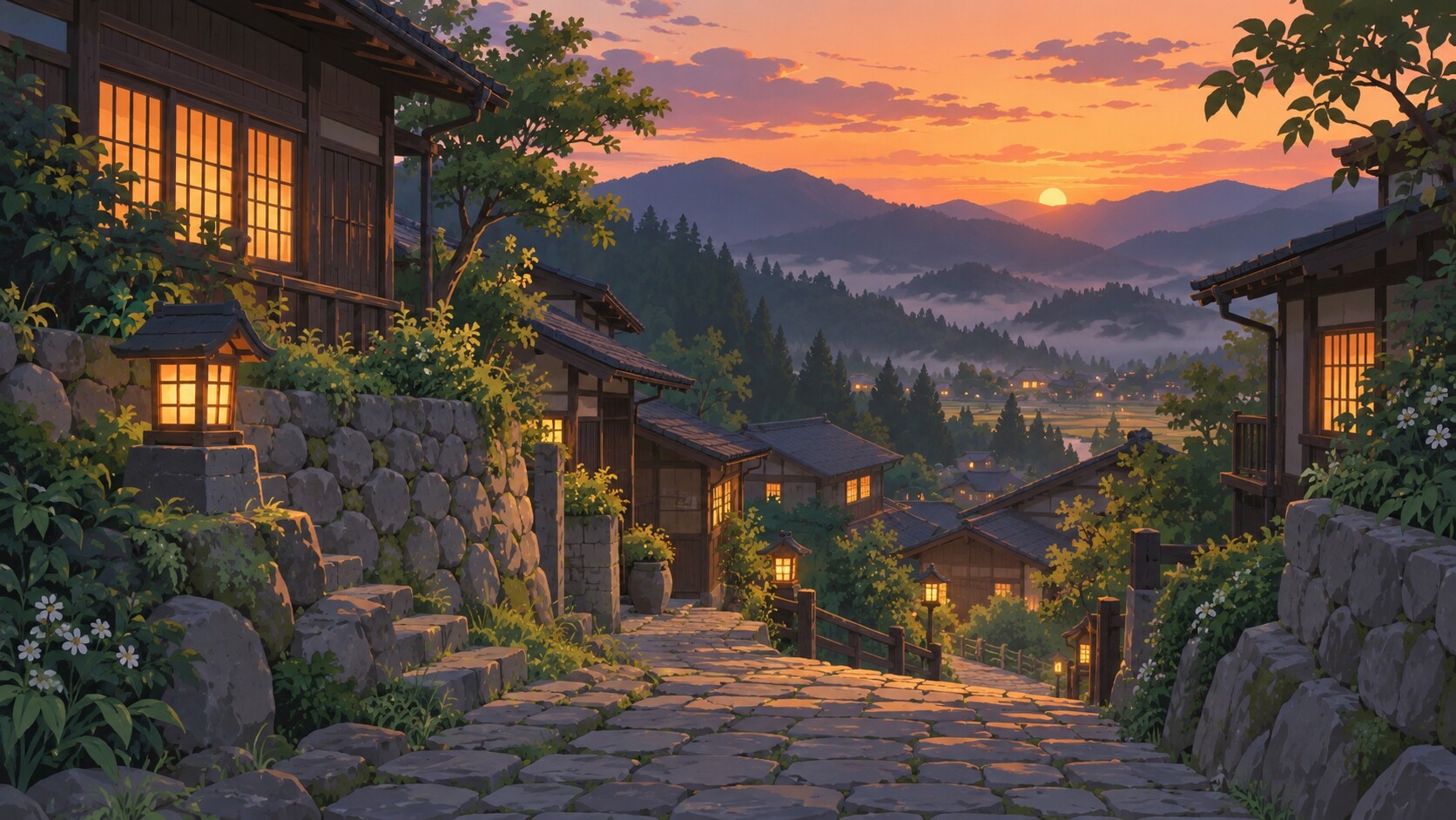 夕暮れの山あい、石畳と木造の集落