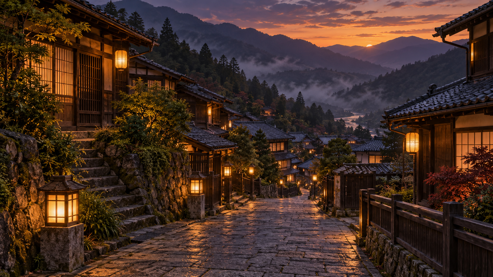 夕暮れの山あい、石畳と木造の集落