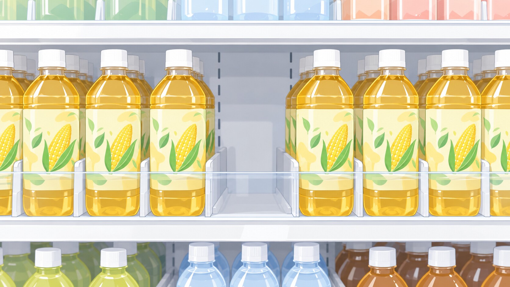 コンビニの棚にコーン茶があり、一枠だけ空いている