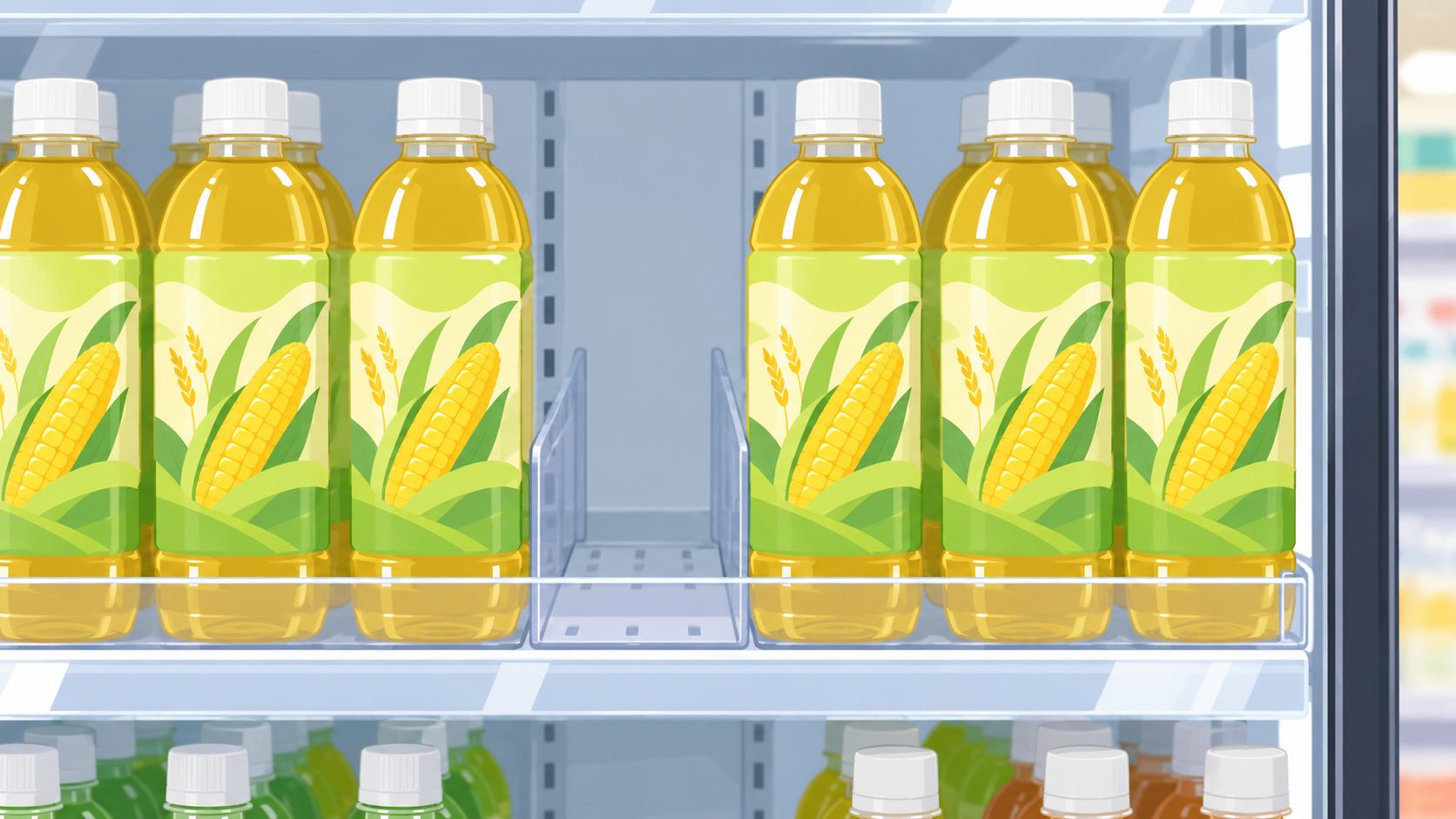 コンビニの棚にコーン茶があり、一枠だけ空いている