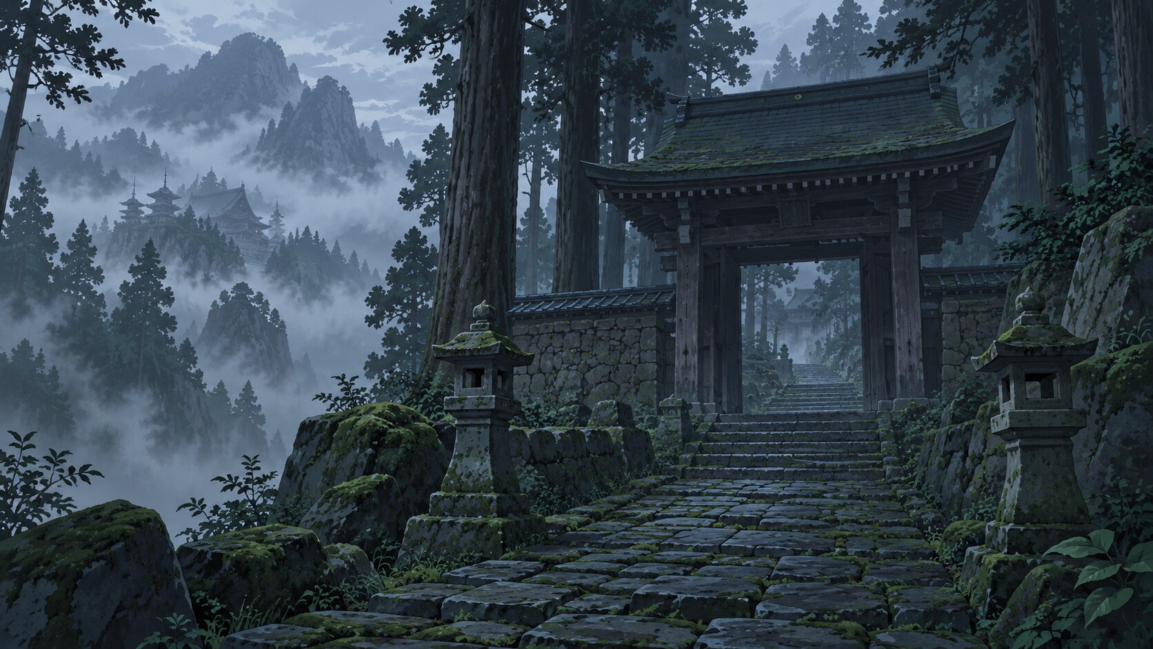 霧の山寺と杉林