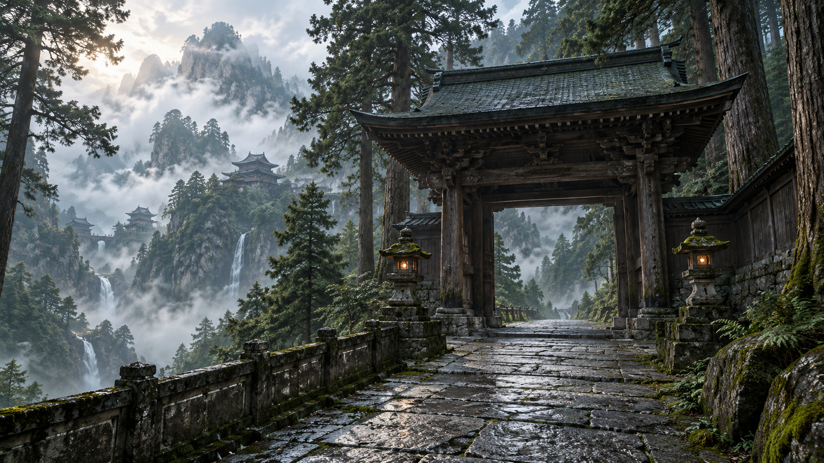 霧の山寺と杉林