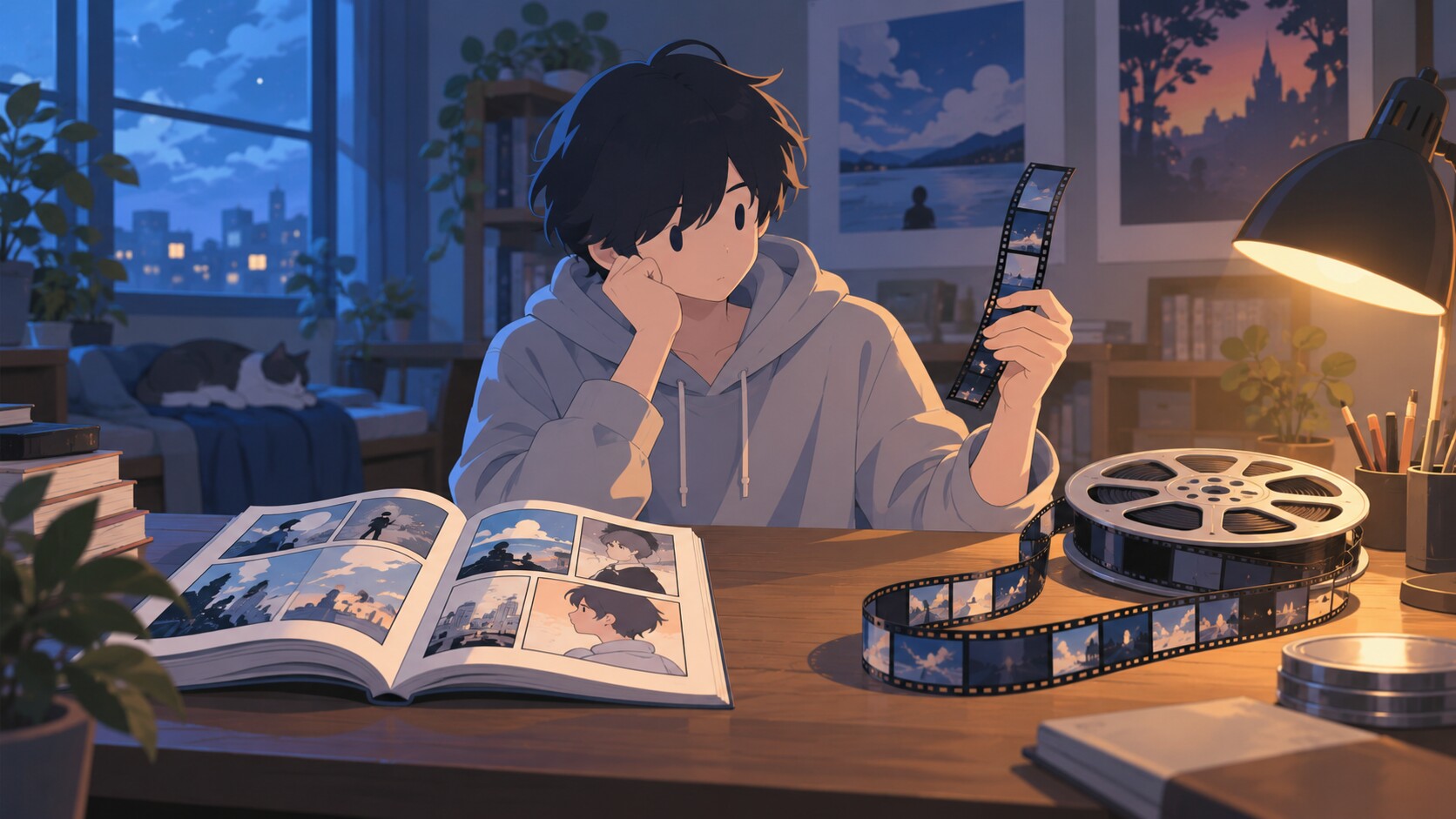 漫画の本とフィルムリールを机の上で分けて見るパーカーの人物