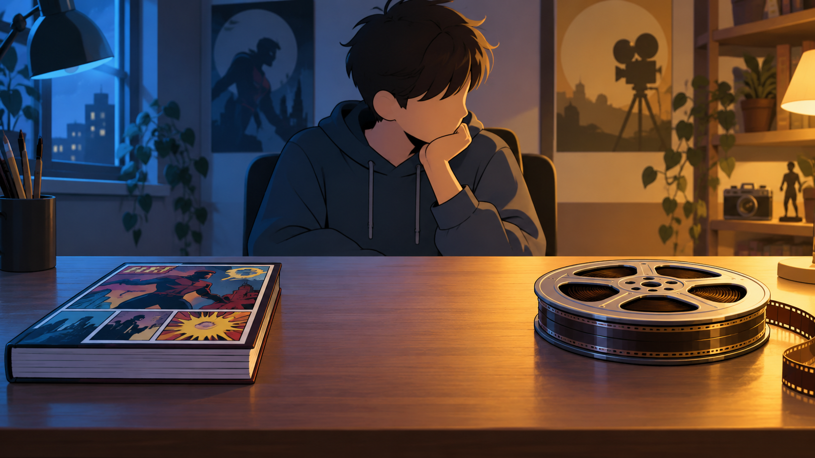 漫画の本とフィルムリールを机の上で分けて見るパーカーの人物