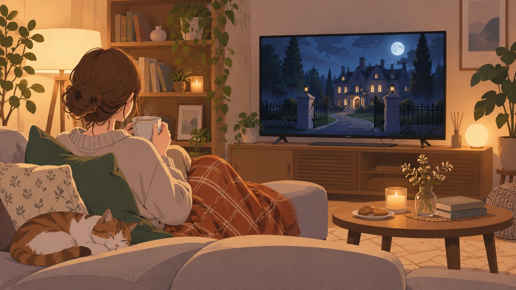 家で配信ドラマを見る生活シーンのイラスト