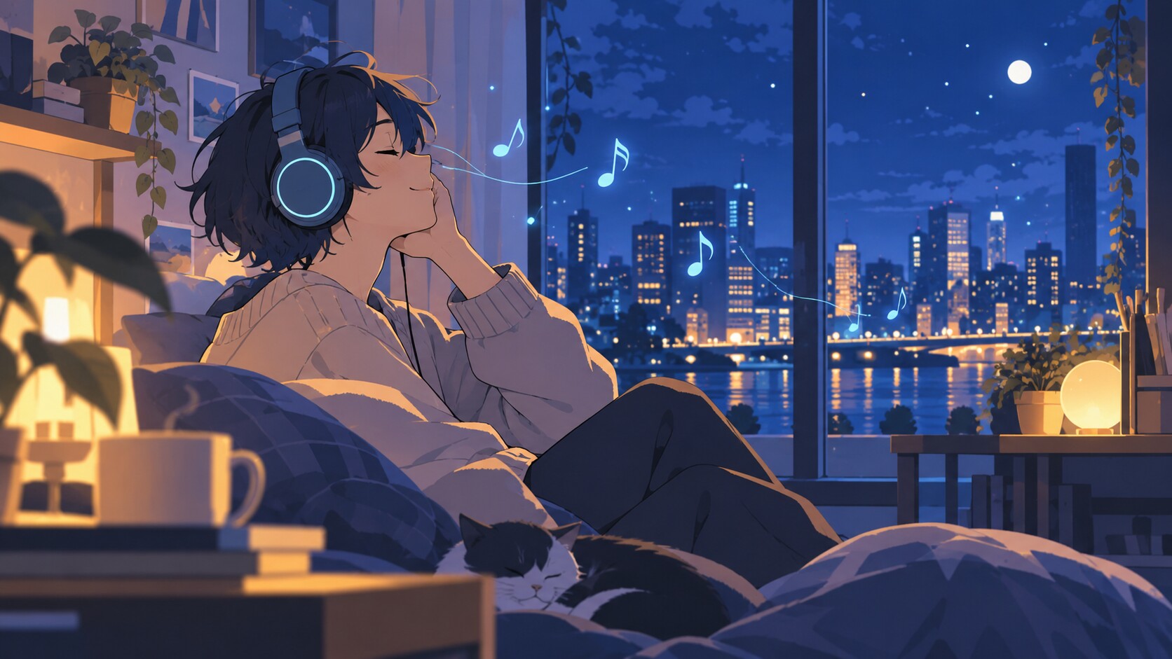 ヘッドフォンで曲を聴く抽象キャラのイラスト