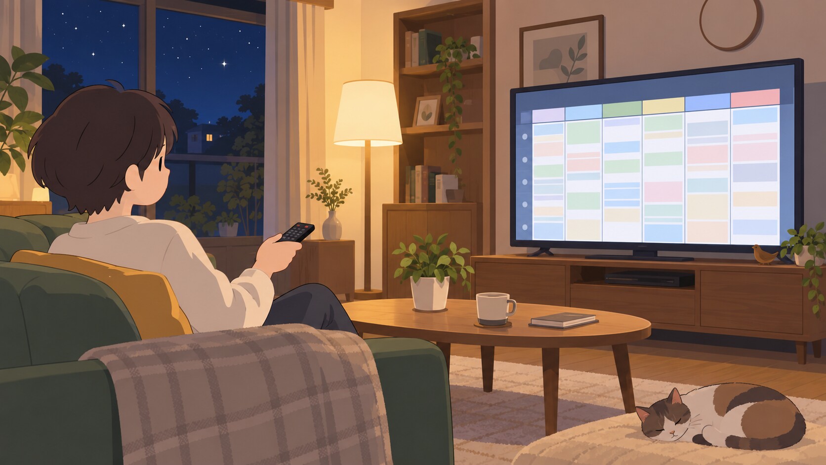 テレビ番組表を見ながら放送時間を確認するイラスト