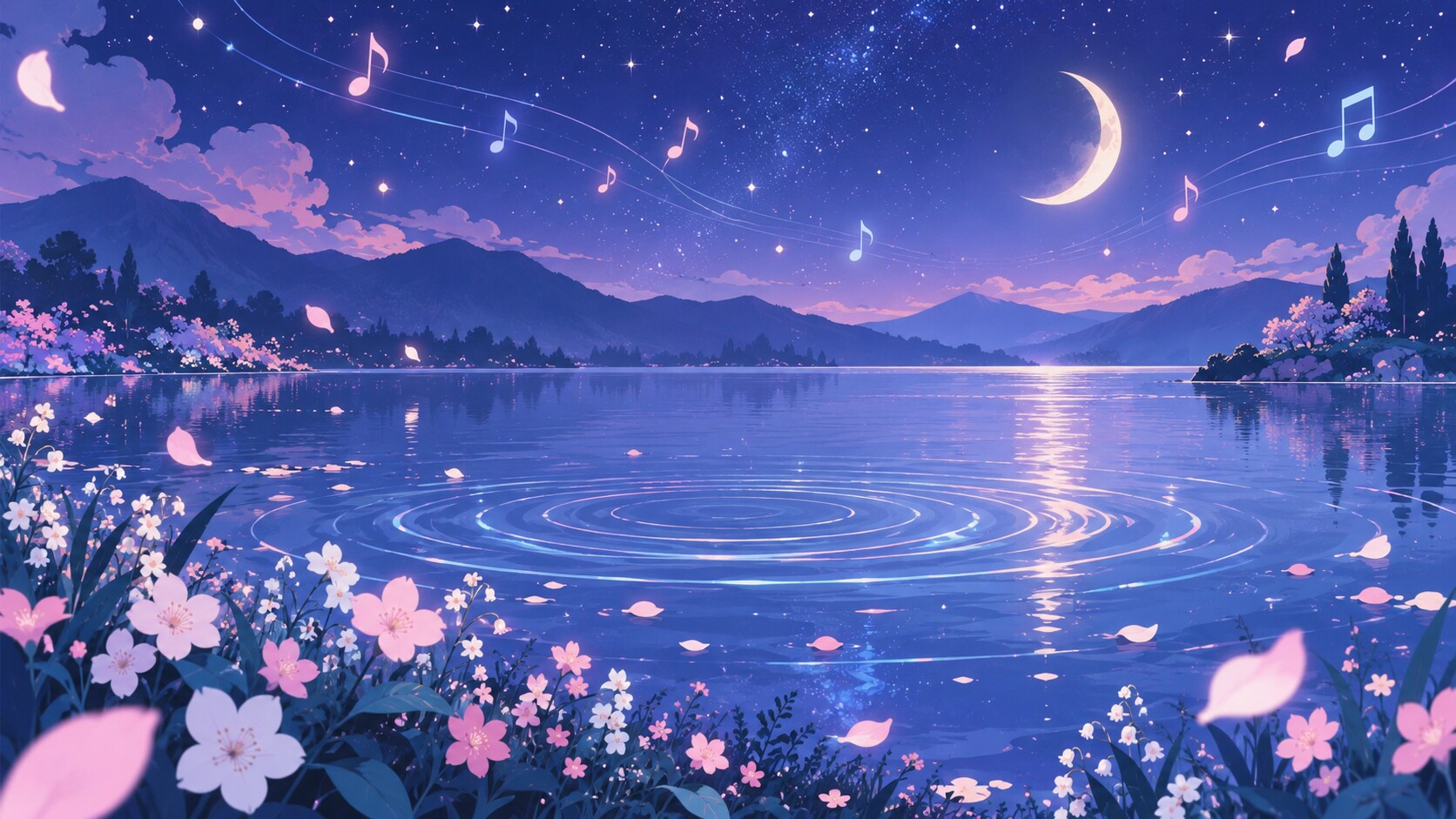 夜空と水紋の音楽イメージイラスト