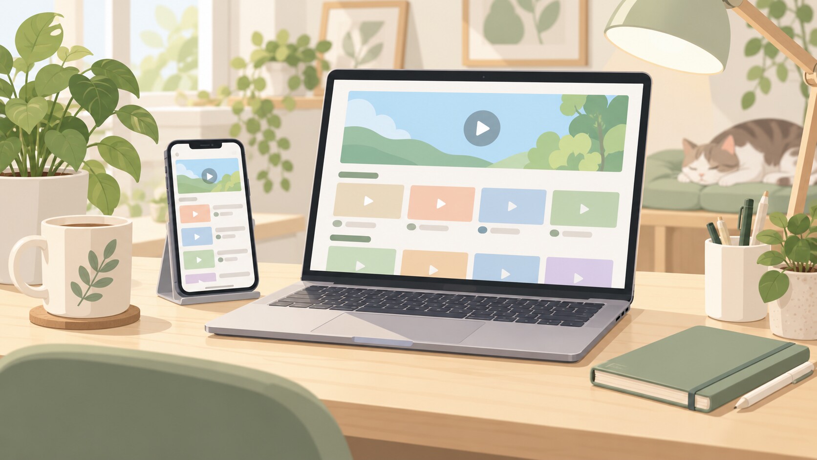 スマホとノートPCで配信を確認するイラスト