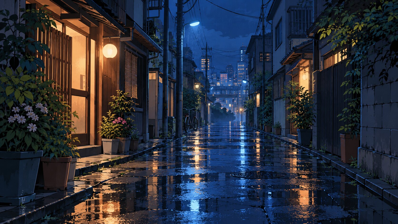 雨の夜、誰もいない路地