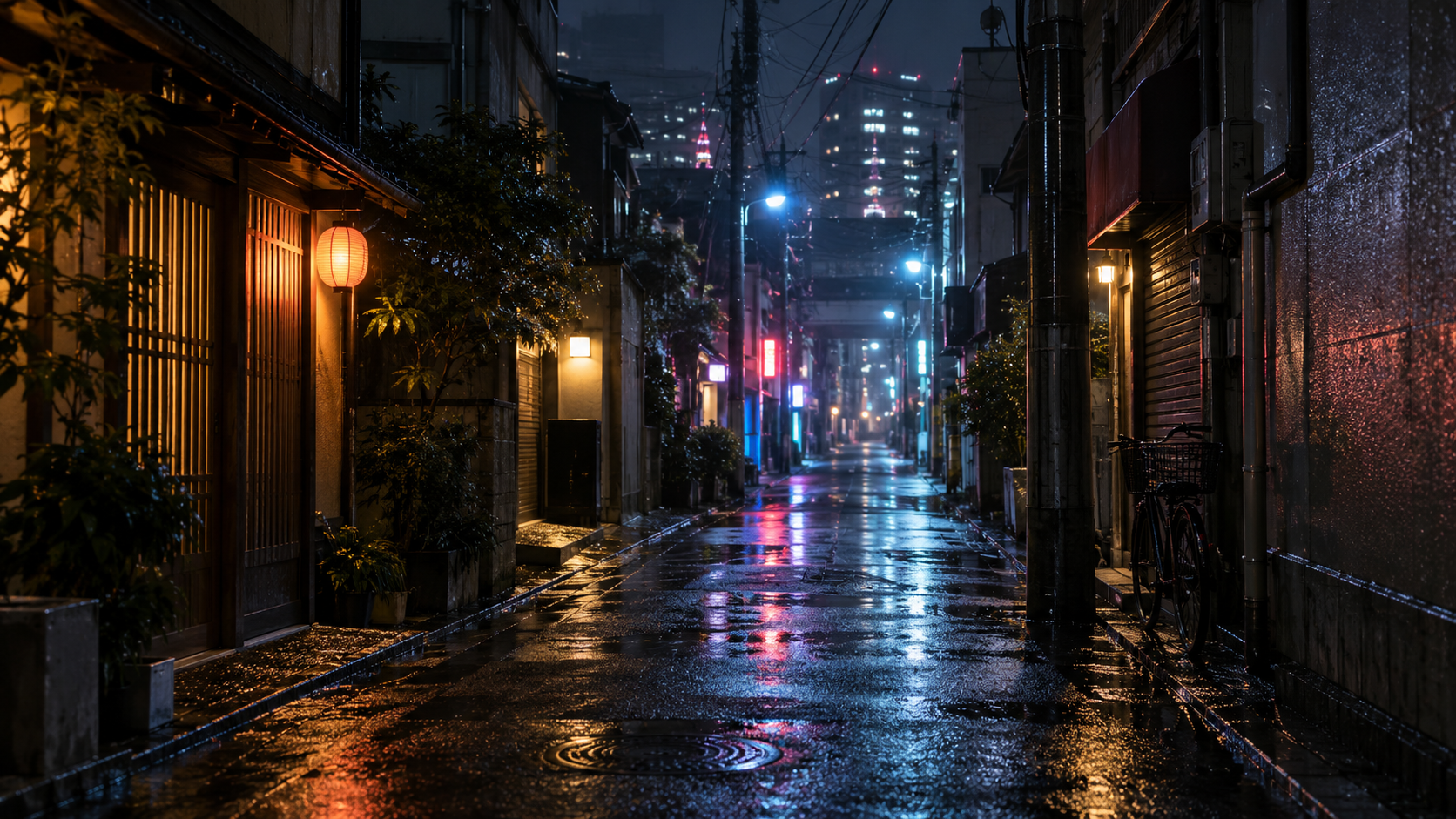 雨の夜、誰もいない路地