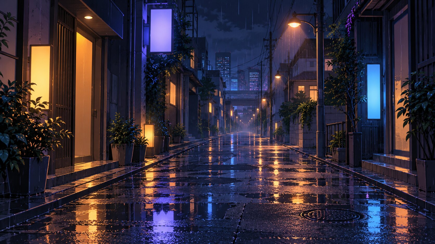 雨の夜、人のいない路地