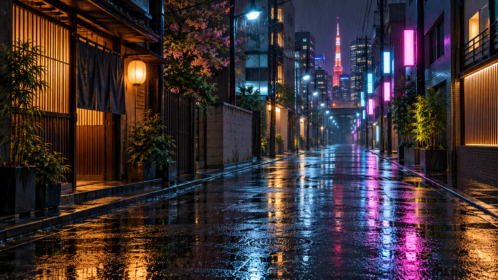 雨の夜、人のいない路地